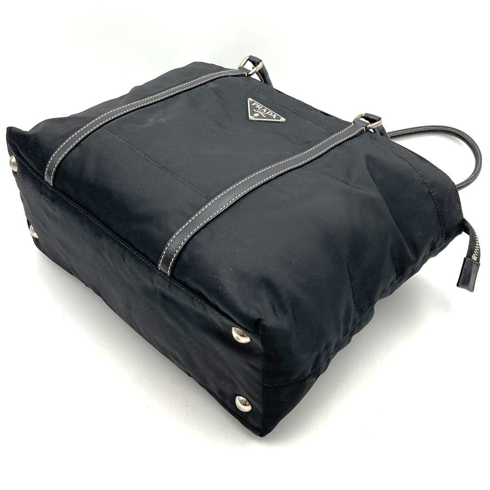 Prada handbag tote bag with triangle logo in nylon/leather, black PRE-OWNED