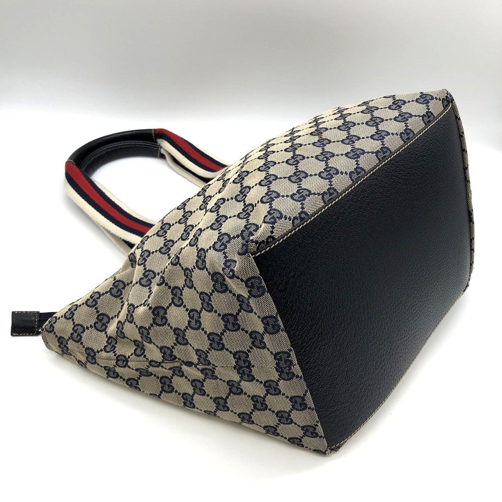 Gucci 131230 Tote Bag Navy Blue GG Canvas/Leather Sherry Line PRE-OWNED