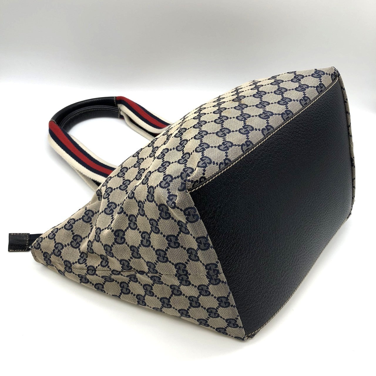 Gucci 131230 Tote Bag Navy Blue GG Canvas/Leather Sherry Line PRE-OWNED