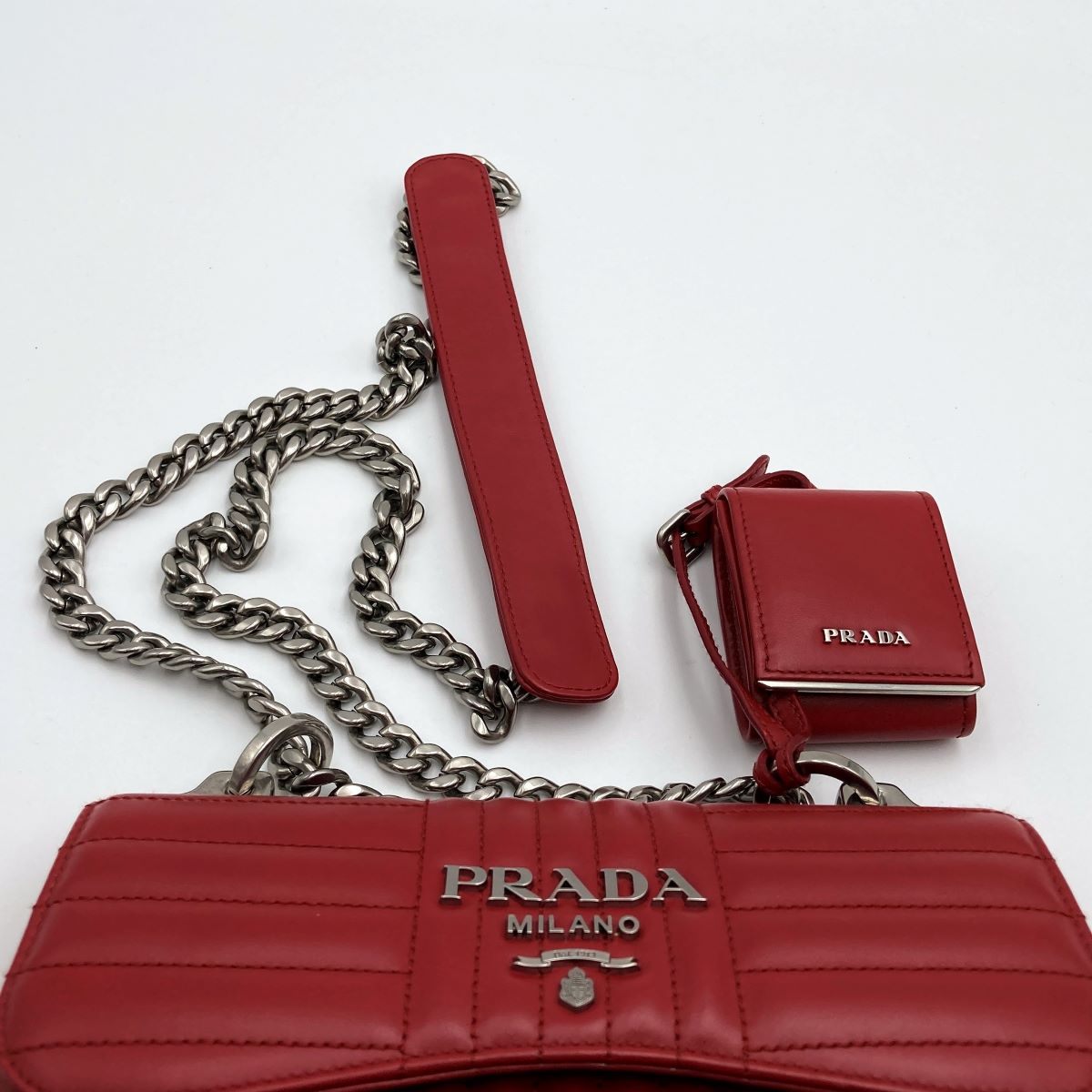 [CLEARANCE]Prada Diagram Chain Shoulder Bag in Red Leather with Mini Pouch (Mirror) PRE-OWNED